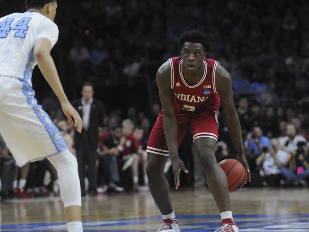 Freshman forward OG Anunoby looks for an opening in the North Carolina defense during the Sweet 16 game on Friday at the Wells Fargo Center. Indiana lost 101-86.