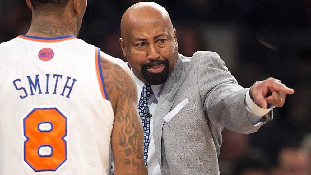 Then-New York Knicks head coach Mike Woodson yells at J.R. Smith during  the NBA Eastern Conference playoffs against the Indiana Pacers on May 5, 2013, at Madison Square Garden in New York City. Woodson was hired on Sunday as the head coach for IU men&#x27;s basketball.