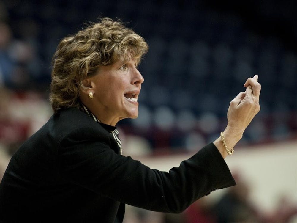 Miami Ohio Head Coach Maria Fantanarosa signals to Miami's women's basketball team as they play against the Hoosiers Thursday at Assembly Hall. Miami won the game 67-61.