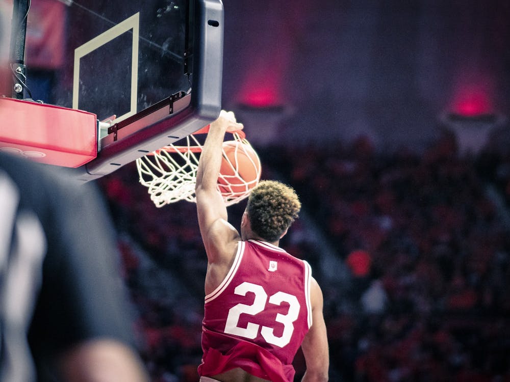 Senior forward Trayce Jackson-Davis dunks Jan. 19, 2023 at Assembly Hall in Champaign, Illinois. Jackson-Davis is averaging career-highs in six different categories.