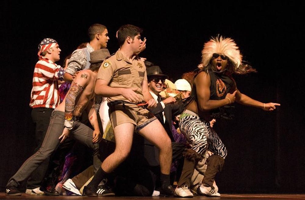 Dressed as various pop culture icons, members of various fraternities perform during Big Man On Campus Friday night at the IU Auditorium. The breast cancer fundraising event beat its previous record, bringing in over $178,000 this year
