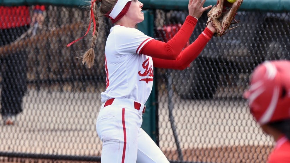 Then-junior Sarah Galovich catches a ball against Nebraska April 8 at Andy Mohr Field. The Hoosiers split a fall doubleheader against Louisville on Sunday.