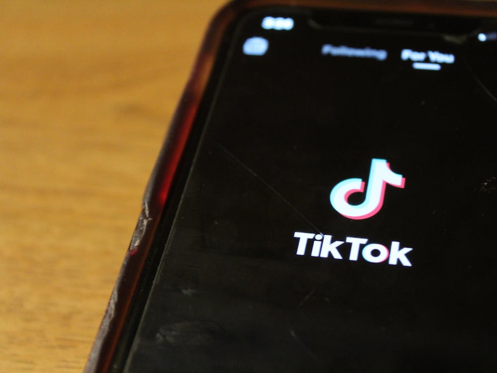 The TikTok logo, which is presented when the app is first opened, is displayed on a student’s phone on April 5, 2023. Some experts have concerns regarding TikTok bans on a national and local level.