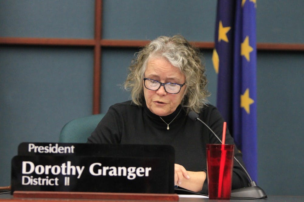 Bloomington City Council President Dorothy Granger speaks Feb. 20 before the listening session about the armored vehicle.