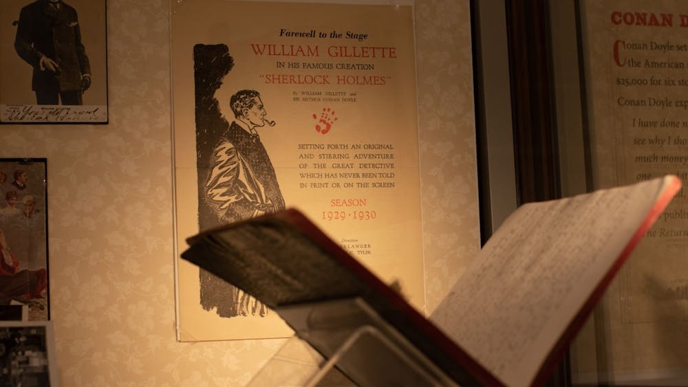 A promotional sign for a theatre production of &quot;Sherlock Holmes&quot; is on display at the &quot;Sherlock Holmes in 221 Objects&quot; exhibit. The IU Lilly Library will run the exhibit through Dec. 16.
