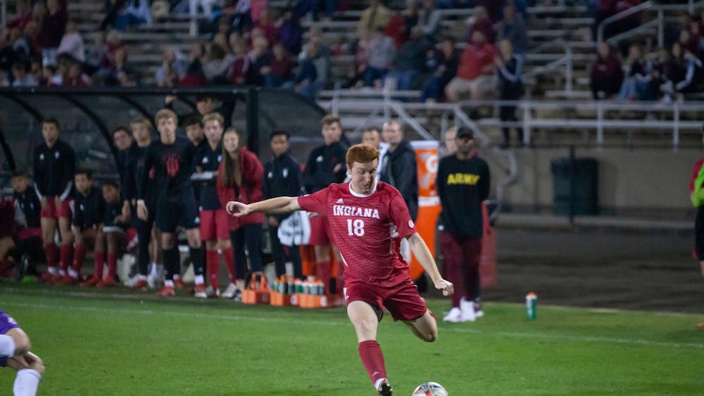 Then-junior forward Ryan Wittenbrink winds up for a shot on goal Oct. 20, 2021, in Bill Armstrong Stadium. Indiana defeated Butler University 2-1 Wednesday night.