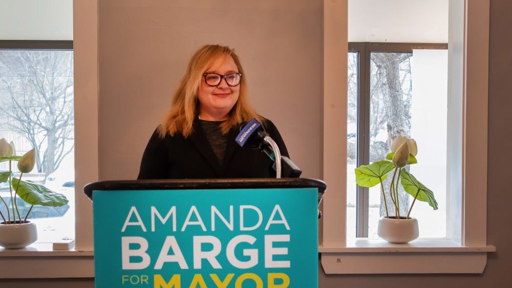 Amanda Barge, 2019 Bloomington mayoral candidate, holds a press conference Feb. 22 at her campaign headquarters. Barge, 46, spoke in response to the State of the City Address given by Mayor John Hamilton on Feb. 21 at the Buskirk-Chumley Theater.