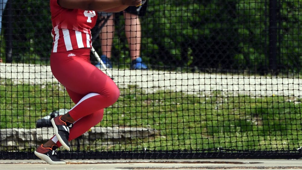 Junior Nycia Ford participates in the hammer throw at the Billy Hayes Invitational on May 4 at the Robert C. Haugh Track and Field complex. &nbsp;Ford finished second in the women’s hammer throw at the Big Ten Outdoor championships with a top throw of 64.19 meters on Friday.