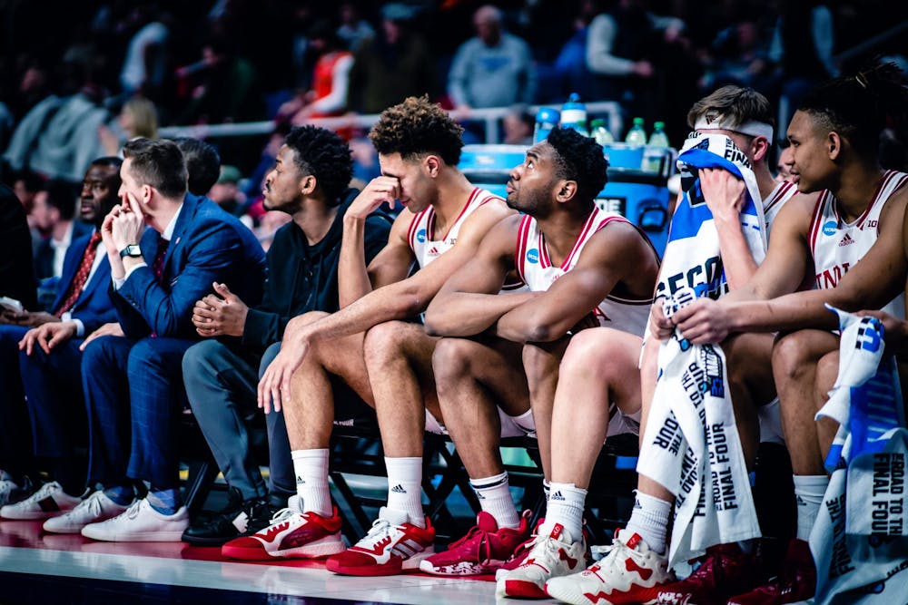 <p>An emotional senior forward Trayce Jackson-Davis seen on the bench in the final moments March 19, 2023, at MVP Arena in Albany, New York. Miami defeated Indiana 85-69.</p>