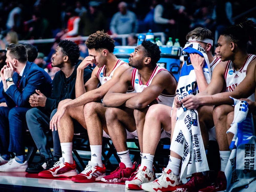 An emotional senior forward Trayce Jackson-Davis seen on the bench in the final moments March 19, 2023, at MVP Arena in Albany, New York. Miami defeated Indiana 85-69.