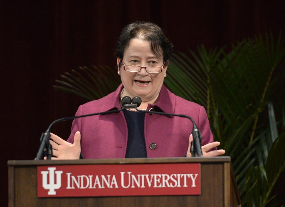 IU Provost Lauren Robel gives the State of the Campus address Tuesday in Franklin Hall.