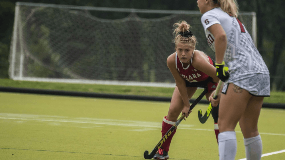 Senior Claire Woods eyes the ball during the Sept. 7 game against Stanford at the IU Field Hockey Complex. Woods scored a goal, but IU lost to Michigan State in the first round of the Big Ten Tournament.