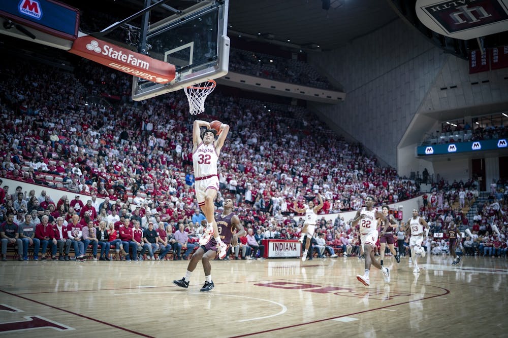 <p>Junior guard Trey Galloway dunks Nov. 10, 2022 at Simon Skjodt Assembly Hall in Bloomington, Indiana. Galloway had a career-high 20 points in Indiana&#x27;s win against Nebraska.</p>