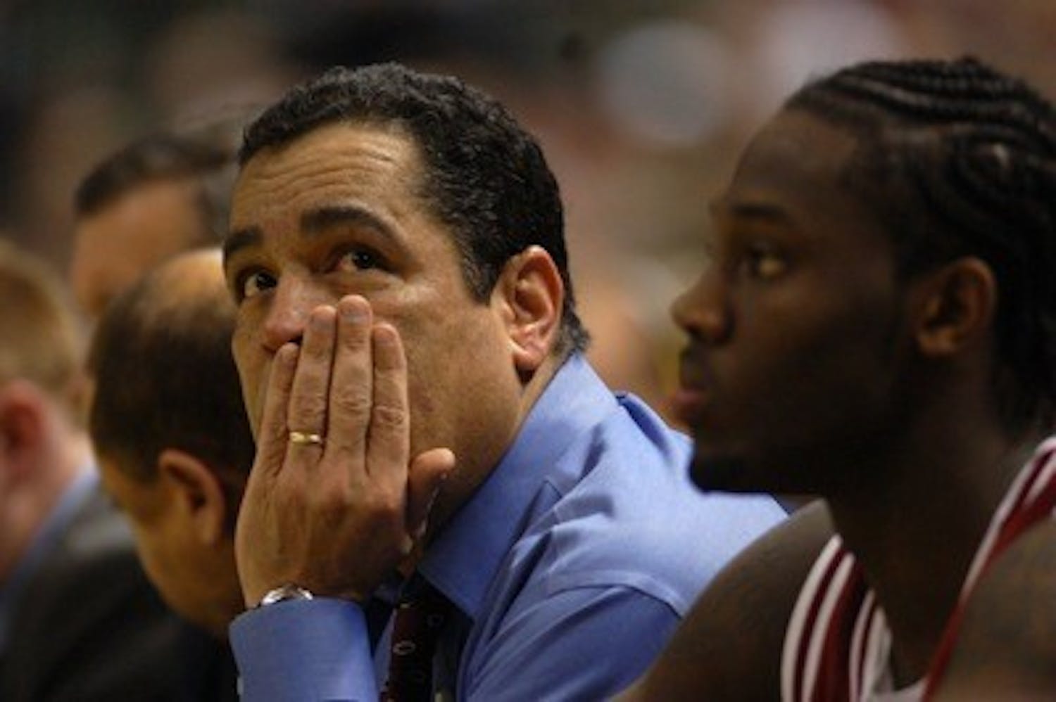 Geoffrey Miller • IDS
Kelvin Sampson glances at the scoreboard en route to the Hoosier's fifth straight road loss in East Lansing.  The loss marked the 13th consecutive loss in East Lansing.