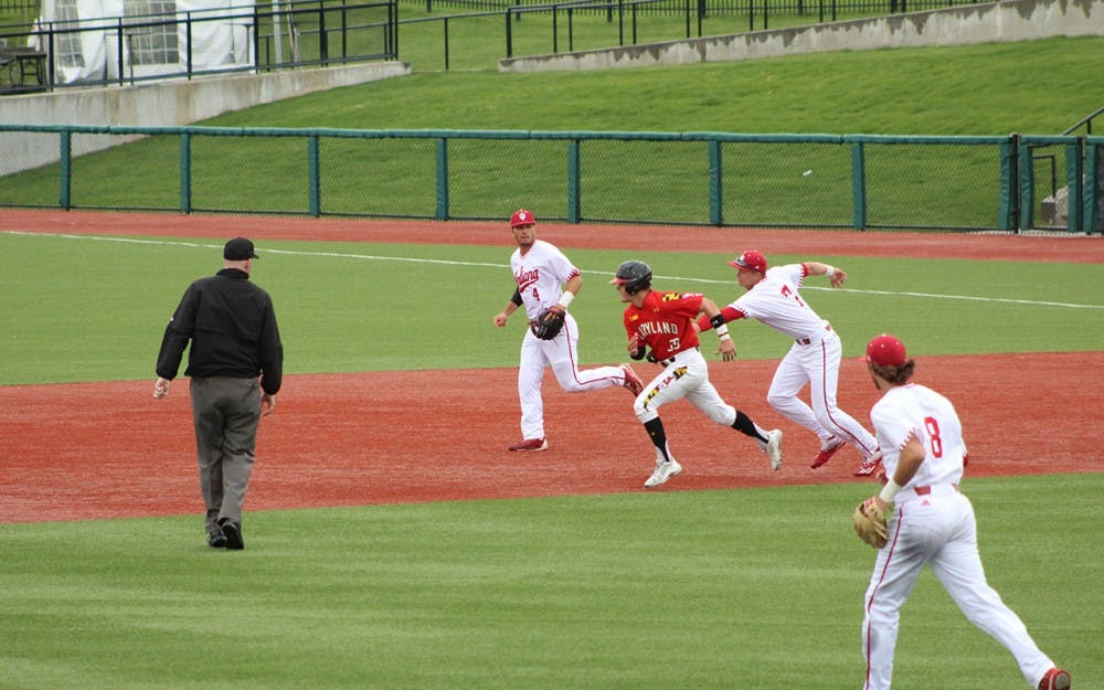 First baseman Matt Gorski tags out a Maryland baserunner in the top of the second after he got caught in a pickle. This was the first game of the series between the Hoosiers and the Terrapins.