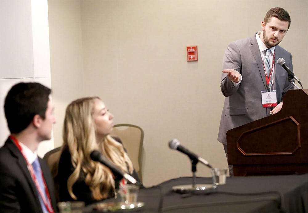 Ben Taylor, right, assisstant director of Student Life at the Kelly School Undergraduate Program, gives a question to the senior panels during "Sophomore Professional Conference" Saturday at the Frangipani Room in the Indiana Memorial Union. This annual event, co-hosted by the Kelley School of Business and Chair's Advisory Board, is intended to help sophomore students in the Kelley to develop networking and personal brands. 