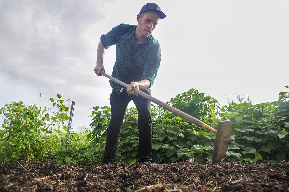 Graduate student Christopher Miles works on making rows to plant seeds Thursday at the Hilltop Gardens. 