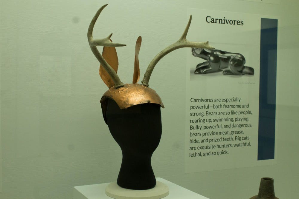 A replica deer headdress is on display at the Animal-Spirit Human exhibit in the Glenn A. Black Laboratory of Archaeology on Oct. 16.