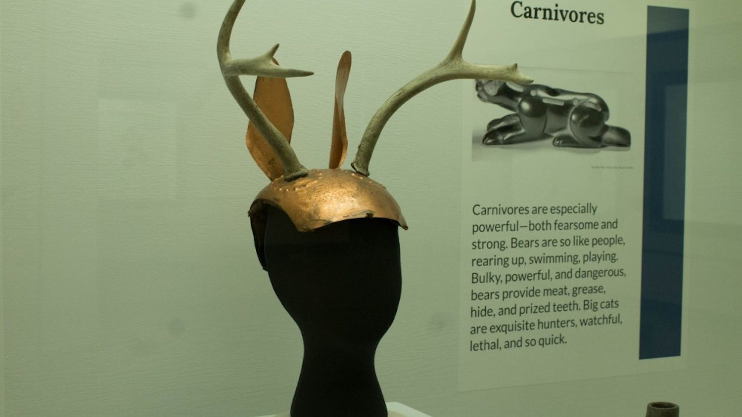A replica deer headdress is on display at the Animal-Spirit Human exhibit in the Glenn A. Black Laboratory of Archaeology on Oct. 16.