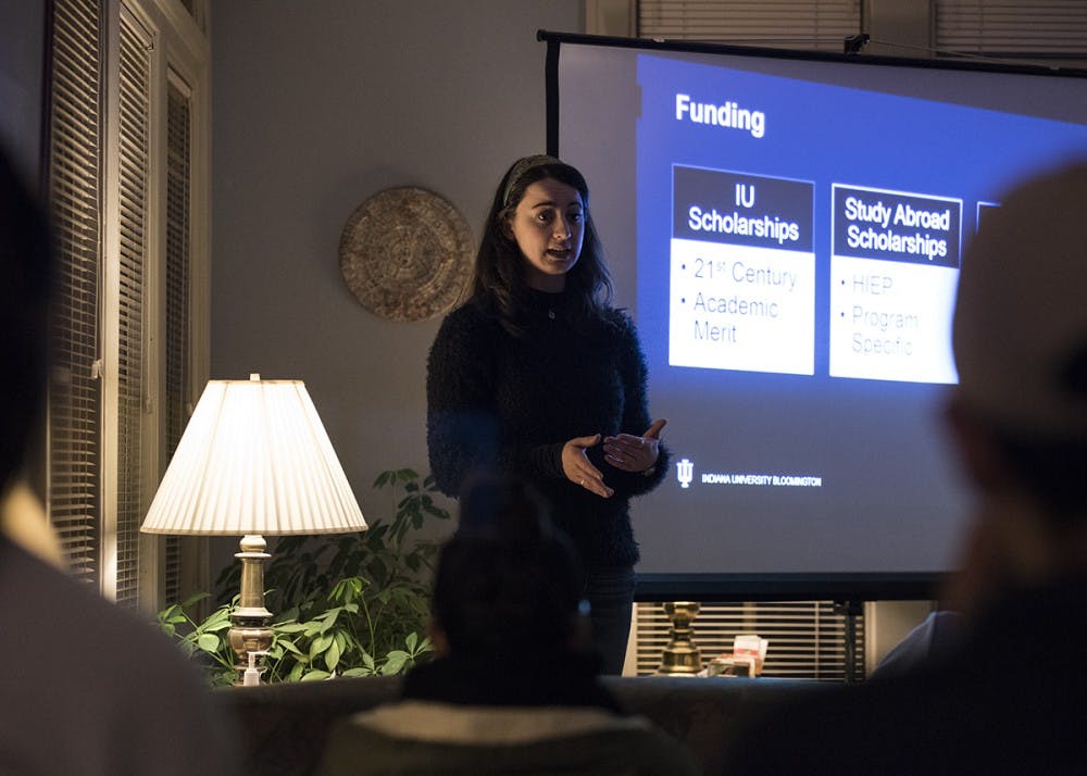 Halley Rose Meslin talks about her study abroad trip to Denmark at La Casa Wednesday. Meslin talked about the different scholarships offered, including the 21st Century Scholars Program and Hutton Honors grants.&nbsp;