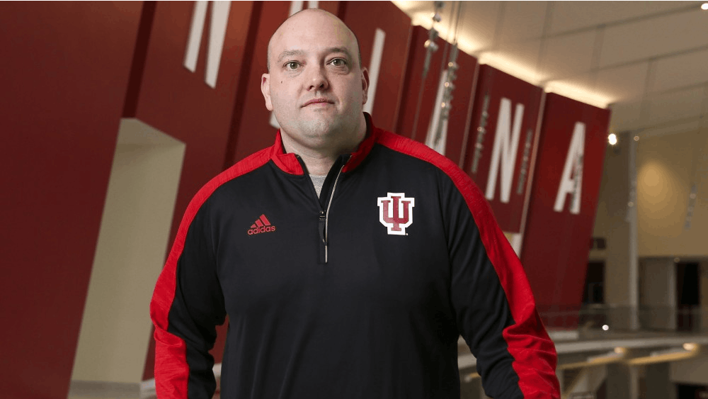 Recently hired IU volleyball coach Steve Aird stands outside the conference room in Simon Skjodt Assembly Hall. IU released their 2018 schedule on Thursday.&nbsp;