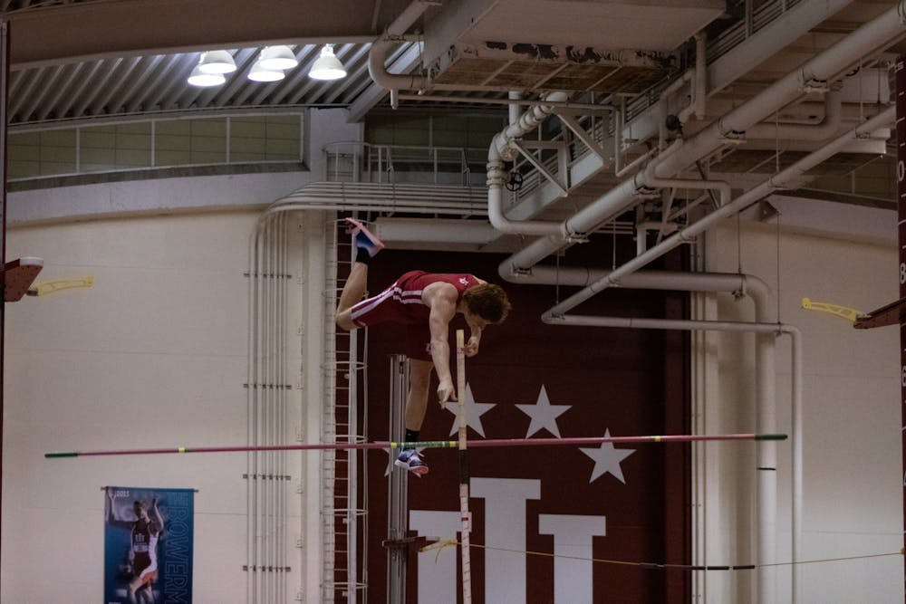 <p>Junior Nathan Stone finishes participating in the pole vault event at the Hoosier Hills meet Feb. 11, 2022. 14 Indiana men’s track and field athletes earned bids to NCAA East Preliminary Round. </p><p><br/><br/></p>