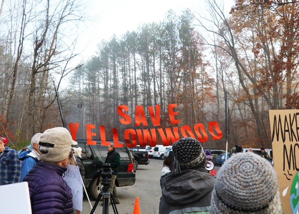 <p>Protestors gathered Thursday morning outside the Yellowwood State Forest to protest the auctioning off of 299 acres. The land was sold for just over $108,000.</p>