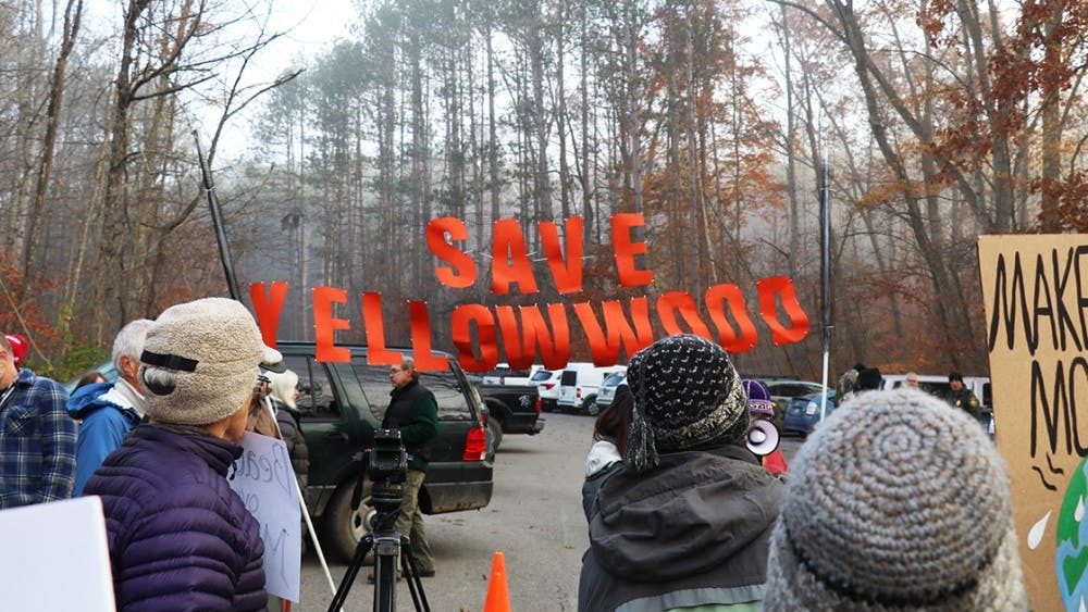 Protestors gathered Thursday morning outside the Yellowwood State Forest to protest the auctioning off of 299 acres. The land was sold for just over $108,000.