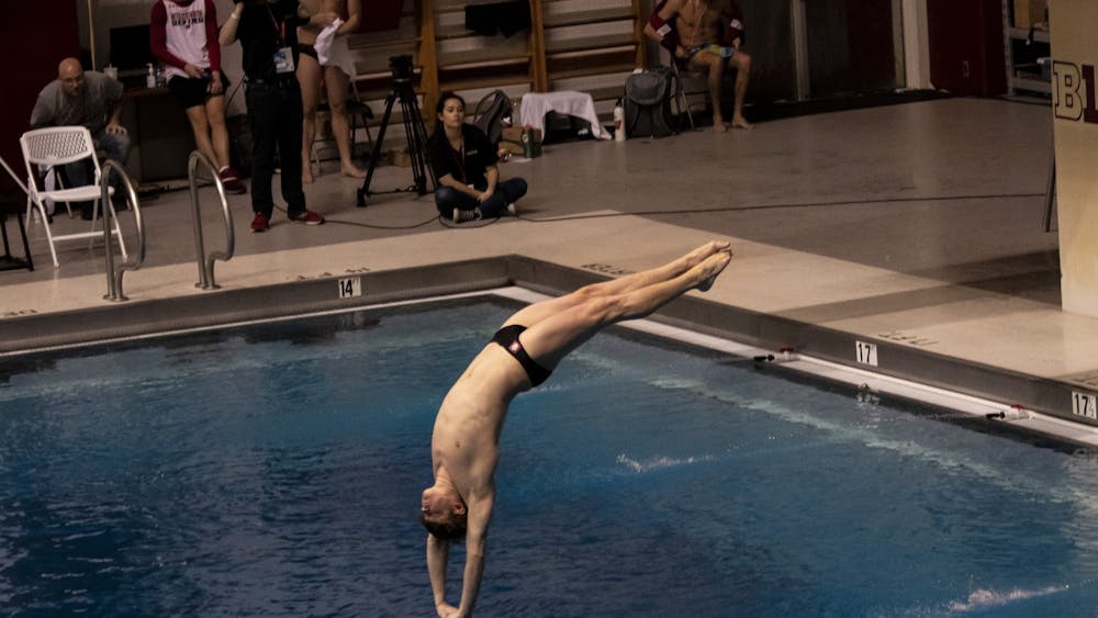 Sophomore Cole VanDevender dives Feb. 29 at Counsilman-Billingsley Aquatics Center. VanDevender is one of four IU diving team athletes who qualified for the 2021 NCAA Diving Championships.