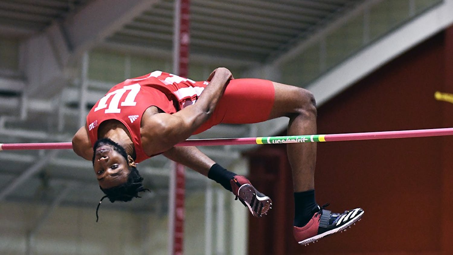 Freshman Jyles Etienne competes in the high jump in the Hoosier Open in Harry Gladstein Fieldhouse. Etienne set a new meet record with a jump of 2.21m and was named one of IU's three Big Ten Athlete's of the Week.&nbsp;