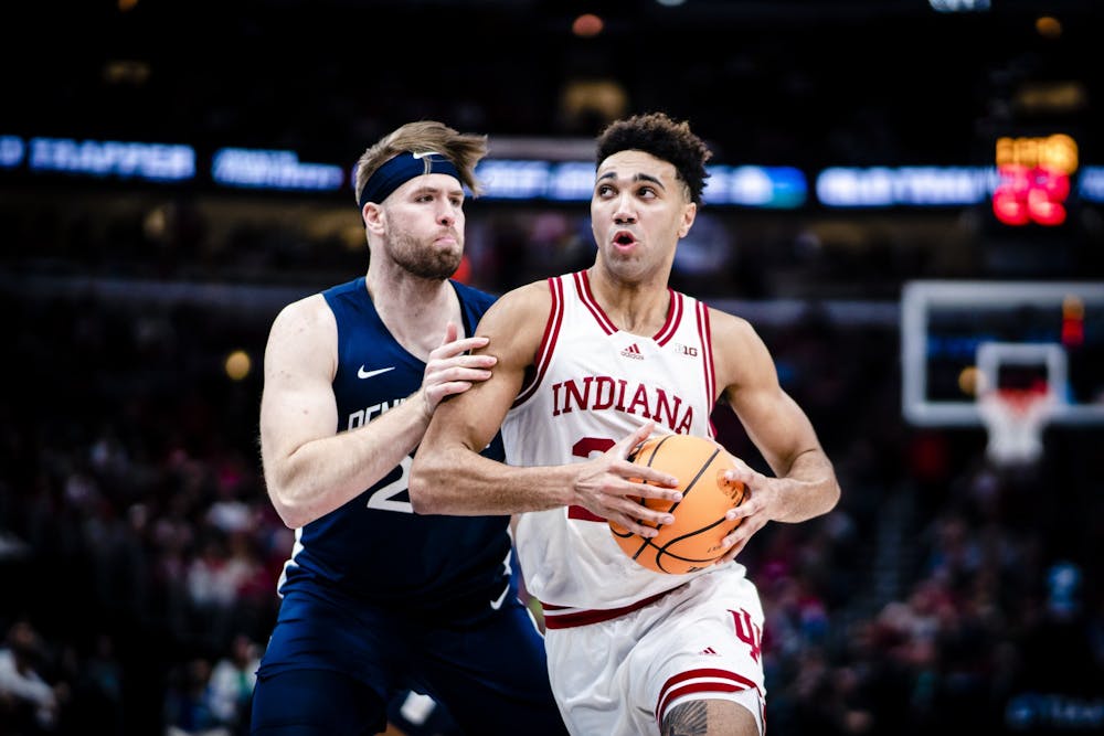 <p>Senior forward Trayce Jackson-Davis drives to the basket March 11, 2023, at the United Center in Chicago. Penn State defeated Indiana 77-73.</p>