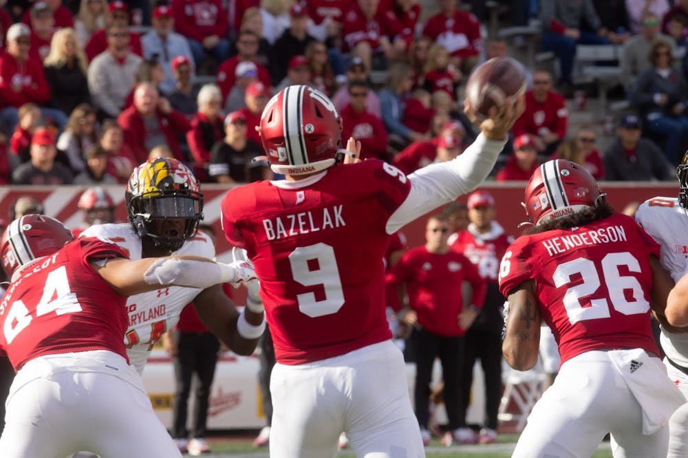 <p>Junior redshirt quarterback Connor Bazelak throws the ball during the game against Maryland on Oct. 15, 2022, at Memorial Stadium. The Hoosiers fell to Purdue 30-16 in the fight for the Old Oaken Bucket on Nov. 26 at Memorial Stadium.</p>
