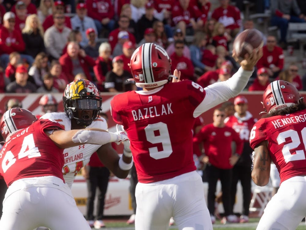Junior redshirt quarterback Connor Bazelak throws the ball during the game against Maryland on Oct. 15, 2022, at Memorial Stadium. The Hoosiers fell to Purdue 30-16 in the fight for the Old Oaken Bucket on Nov. 26 at Memorial Stadium.