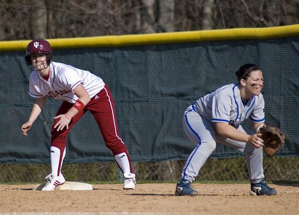 Freshman Bridget Langan stands on first base during the sixth inning against Indiana State on March 26 at the IU Softball Field. Freshman Molly Anderson hit a walk-off RBI in the eighth inning, lifting the Hoosiers to a 5-4 win over the Sycamores.