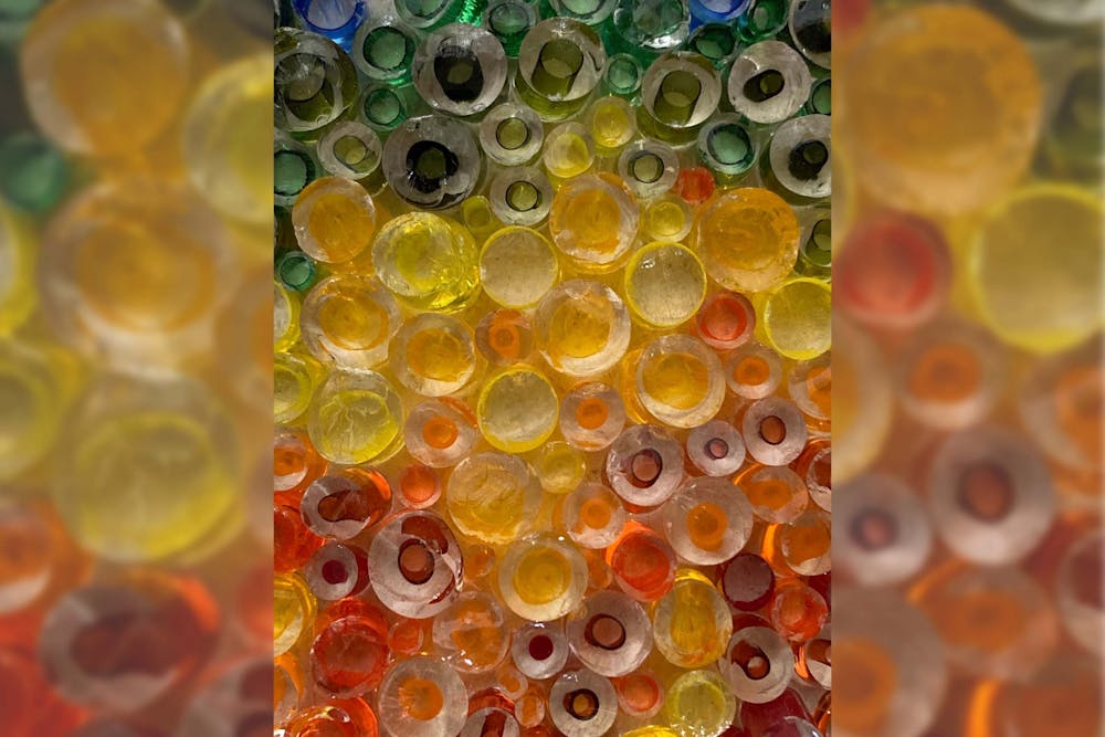 <p>Glass pieces made at the Bloomington Creative Glass Center waiting to be picked up are pictured. Visitors of the Venice Reimagined festival can make their own glass pieces or bid to win pieces made by artisans.</p>