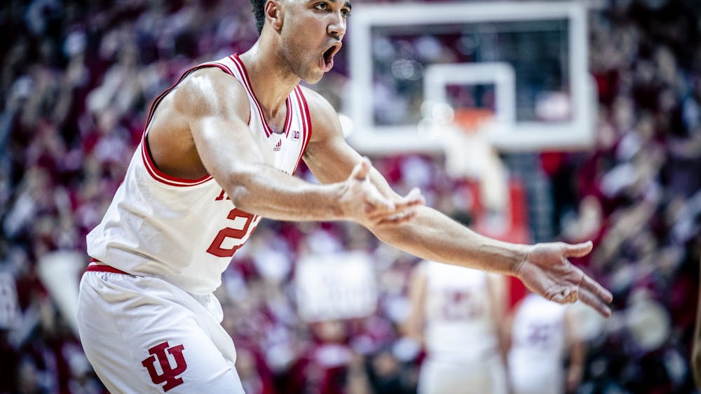 Senior forward Trayce Jackson-Davis pumps up the bench Feb. 4, 2023 at Simon Skjodt Assembly Hall in Bloomington, Indiana. Jackson-Davis earned his third straight Big Ten Player of the Week honor.