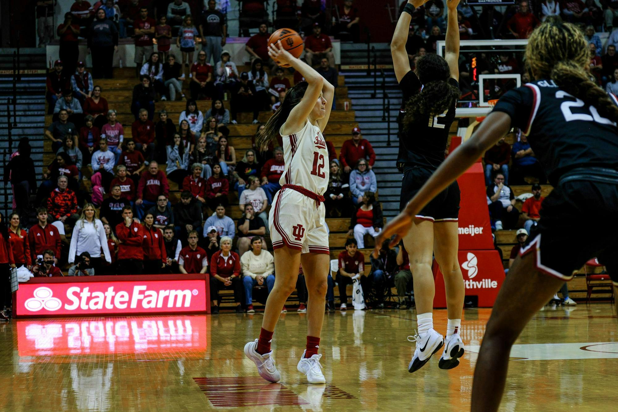 Junior Yarden Garzon shoots the ball in a game versus Harvard Nov. 7, 2024 at Assembly Hall in Bloomington. The Hoosier lost to the Crimson in overtime. 