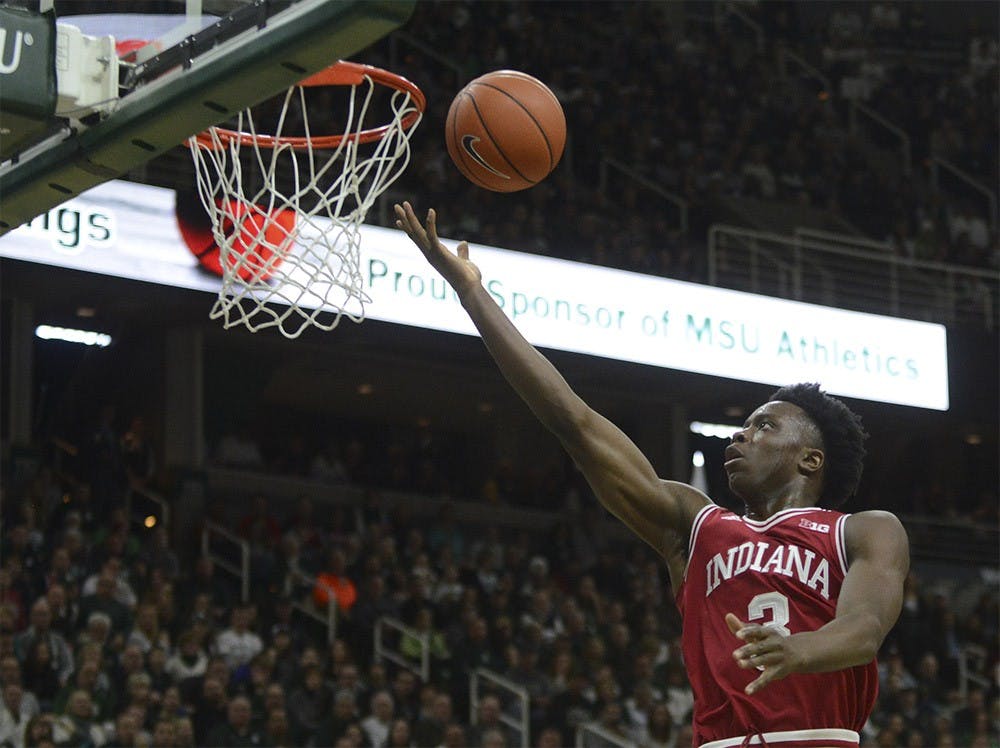 Freshman OG Anunoby shoots a 2-point basket during the game against Michigan State on Sunday at the Breslin Center in East Lansing, Michigan. The Hoosiers lost 69-88.