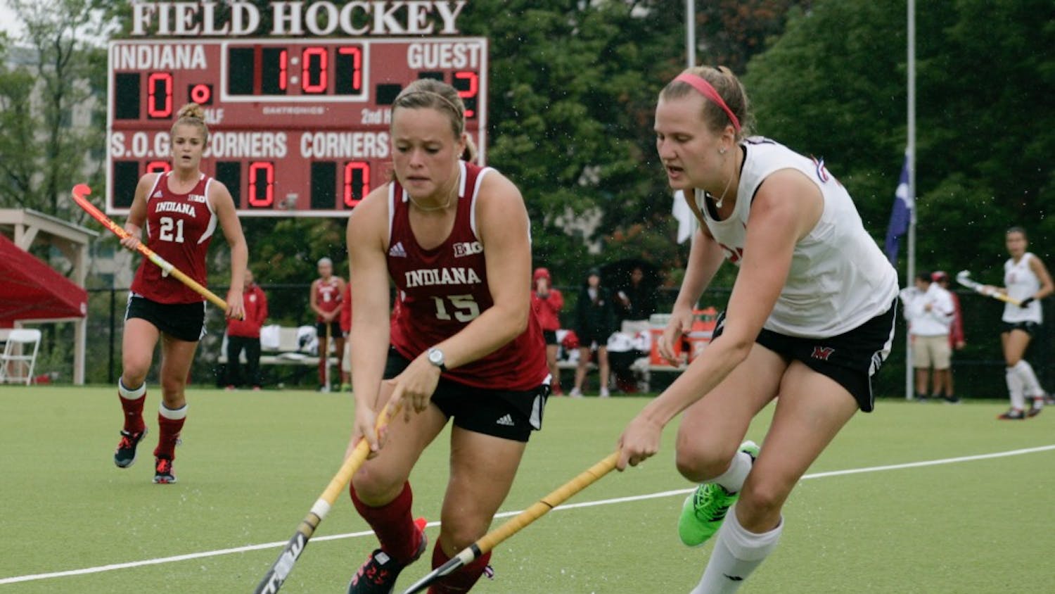 Then-junior Kate Barber battles for the ball against a Miami of Ohio University player in a loss to the Redhawks in 2015.&nbsp;Barber scored two goals this weekend in the Buckeye Invitational in Columbus, Ohio.