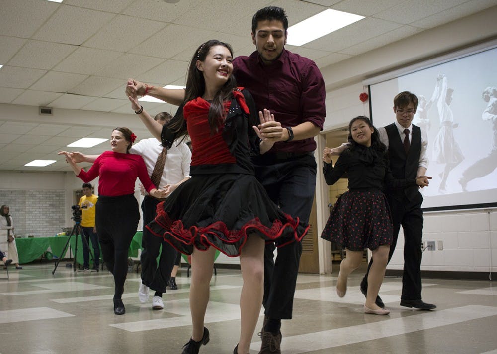Liberty Forster and Avinash Divecha perform with the IU Swing Dance Club at the International Dance Night to welcome Venezuelan refugees. The Swing Dance Club was the first performance of the evening.