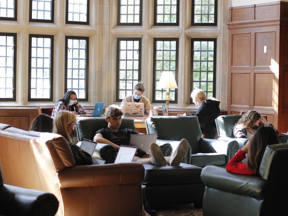 Students study Oct. 20, 2021, in the South Lounge of the Indiana Memorial Union Building.