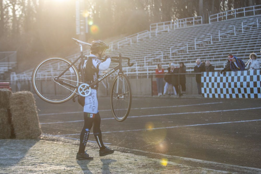 <p>Sigma Chi rider Dominic Fiore prepares to take the track during Little 500 Qualifications on March 23 at Bill Armstrong Stadium. Sigma Chi recorded a time of 2:34.43.</p>