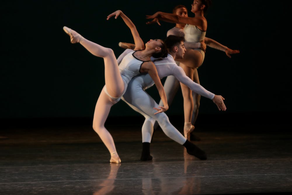 <p>Two ballet students perform during a rehearsal for &quot;A Leap Forward&quot; Sept. 29, 2021, in the Musical Arts Center. &quot;A Leap Forward&quot; is the school&#x27;s fall ballet, featuring four different parts. </p>