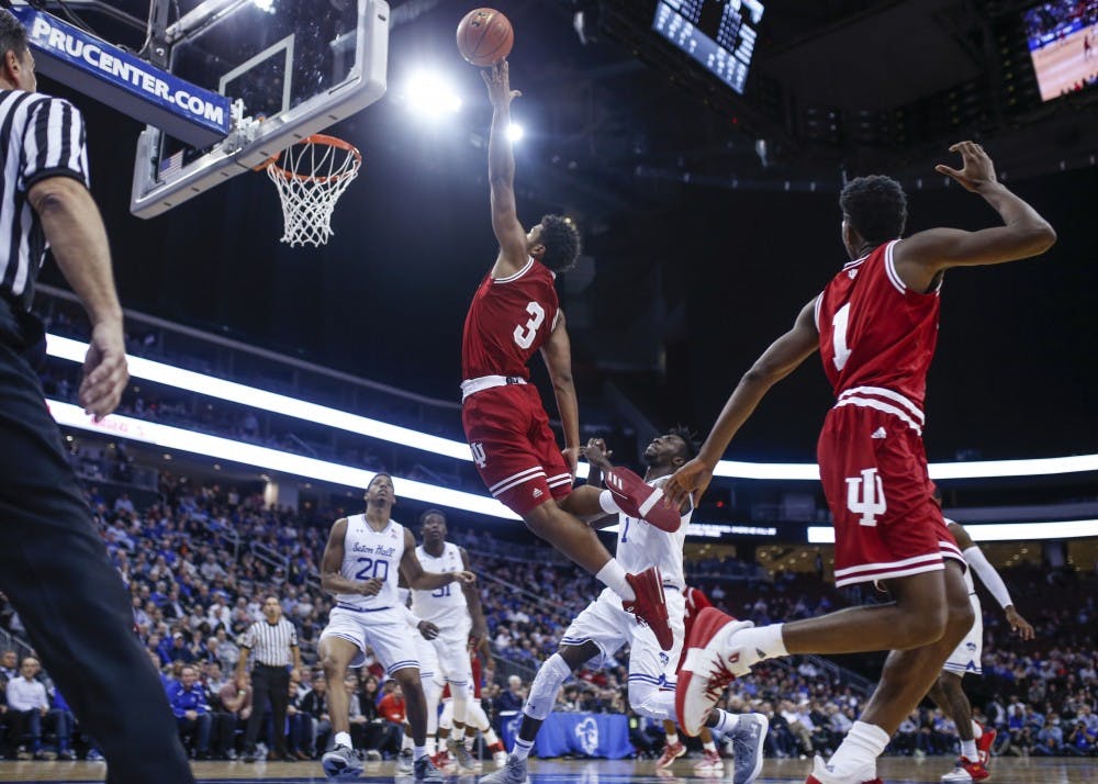 Freshman forward Justin Smith attempts to dunk the ball during the Hoosiers' game against the Seton Hall Pirates on Nov. 15, 2017, at the Prudential Center in Newark, New Jersey. The Hoosiers fell to the Pirates, 84-68.