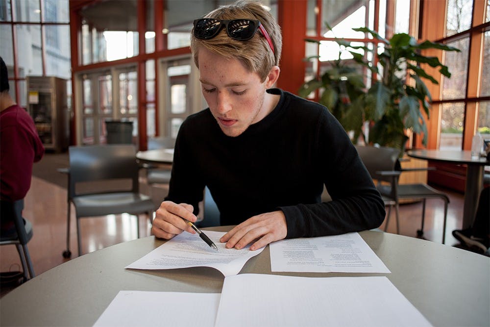 Freshman human biology Josh Hoffer researches legislative bills in Indiana before writing letters to local and state representatives in Indiana.