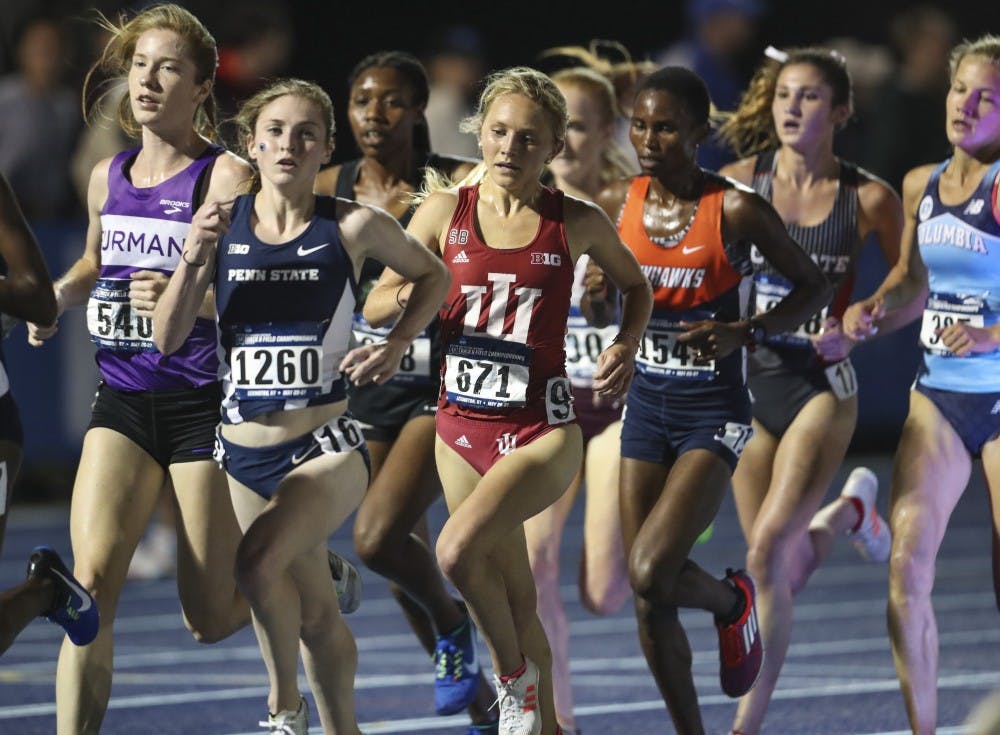 Junior distance runner Katherine Receveur races in the 5,000 meter run at the NCAA East Regional in Lexington, KY. Receveur finished third overall at the NCAA championships in the 5,000 meter run in Eugene, OR, earning first team All-American honors (Courtesy photo of Evan De Stefano).