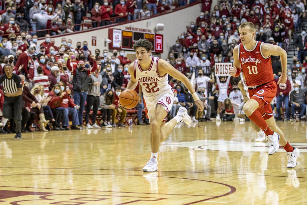 <p>Sophomore guard Trey Galloway runs on a fastbreak during the win against Ohio State on Jan. 6, 2021, at Simon Skjodt Assembly Hall. IU will face Michigan State at 3:30 p.m. Feb. 12 at the Breslin Center. </p>