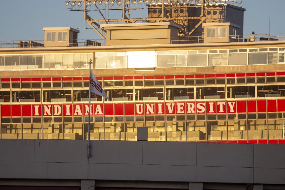 <p>The press box at Memorial Stadium is seen at sunrise Nov. 8, 2020. IU revealed its 10-year renovation plan focusing on residence halls, STEM building, and public health buildings. </p>