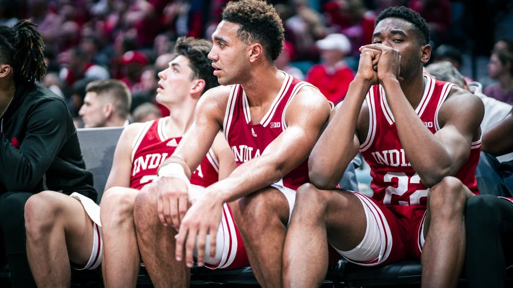 Senior forward Trayce Jackson-Davis sits on the bench Dec. 10, 2022 at the MGM Grand Arena in Las Vegas, Nevada. The Hoosiers lost to Arizona 89-75.
