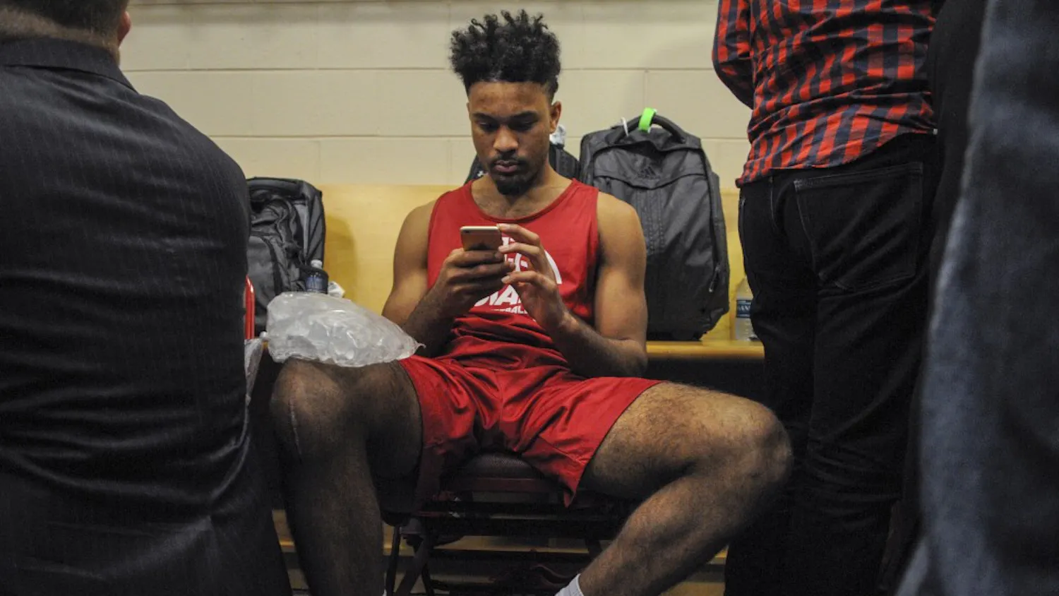 Sophomore guard James Blackmon Jr. ices his leg during locker room interviews on Thursday at the Wells Fargo Center. Blackmon, who injured his knee in December, practiced today but will not play in tomorrow's Sweet Sixteen game against number one seed North Carolina.